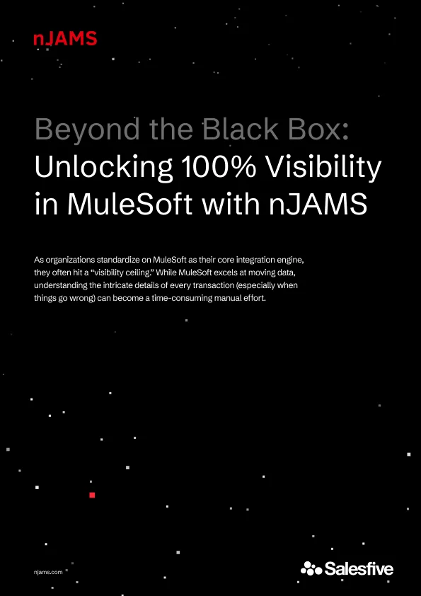 Titelseite des Whitepapers: Beyond the Black Box, Unlocking 100% Visibility in MuleSoft with nJAMS, Salesfive